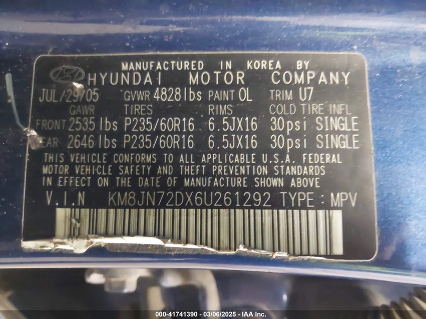 2006 Hyundai Tucson Gls/Limited VIN: KM8JN72DX6U261292 Lot: 41741390