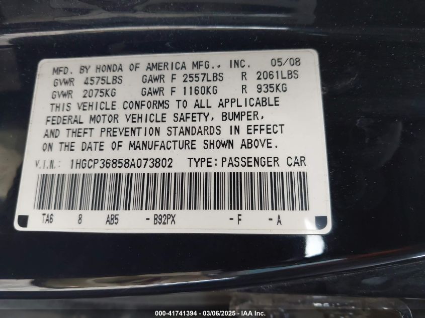 2008 Honda Accord 3.5 Ex-L VIN: 1HGCP36858A073802 Lot: 41741394