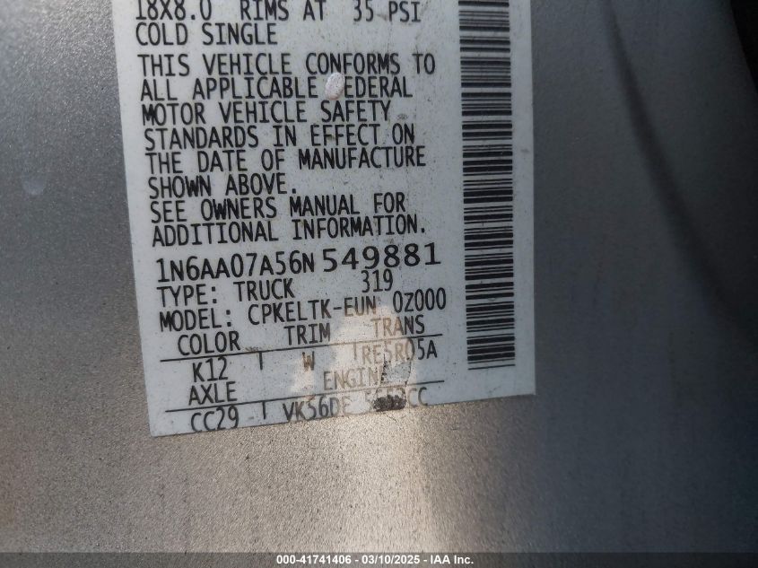 2006 Nissan Titan Le/Se/Xe VIN: 1N6AA07A56N54988 Lot: 41741406