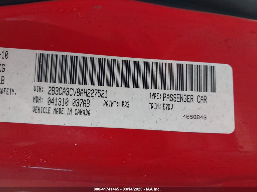 2010 Dodge Charger Sxt VIN: 2B3CA3CV8AH227521 Lot: 41741465