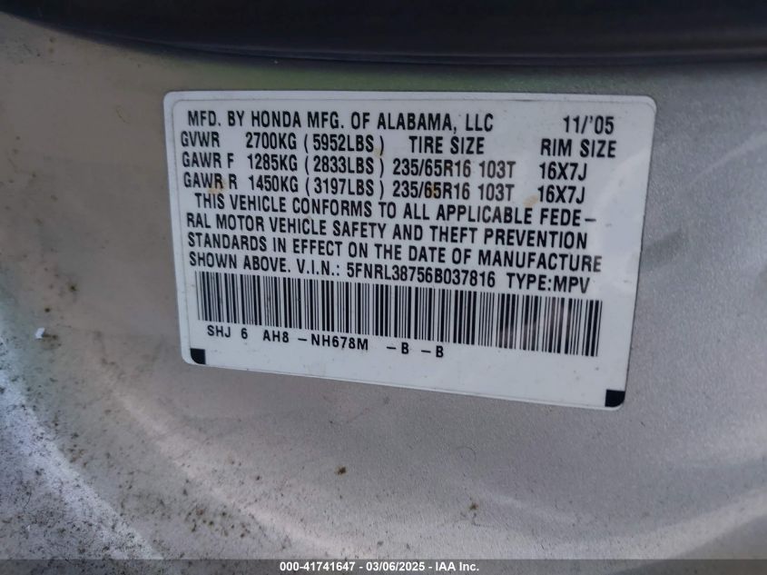 2006 Honda Odyssey Ex-L VIN: 5FNRL38756B037816 Lot: 41741647