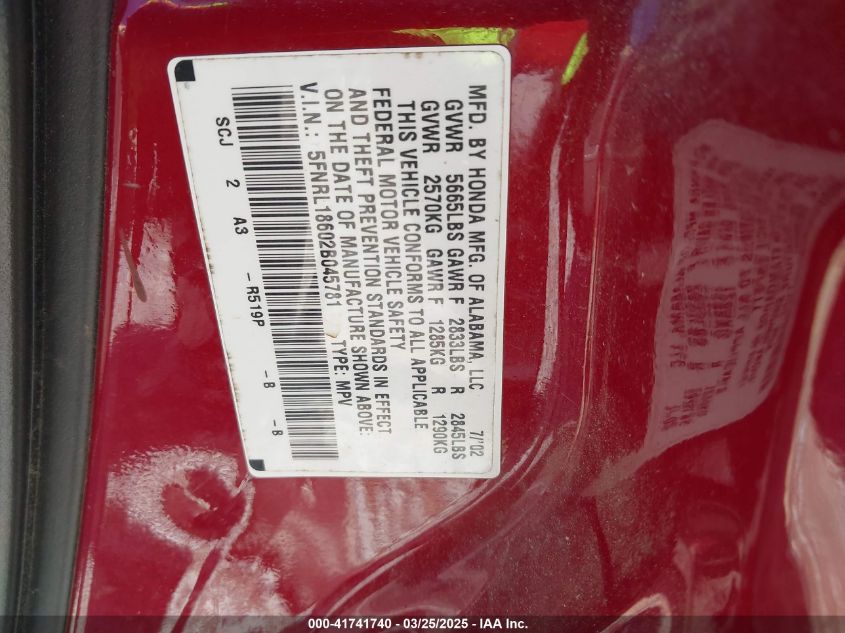 2002 Honda Odyssey Ex VIN: 5FNRL18602B045781 Lot: 41741740