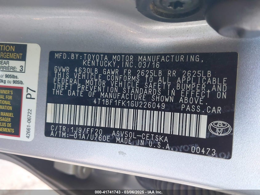 2016 TOYOTA CAMRY VIN: 4T1BF1FK1GU226049