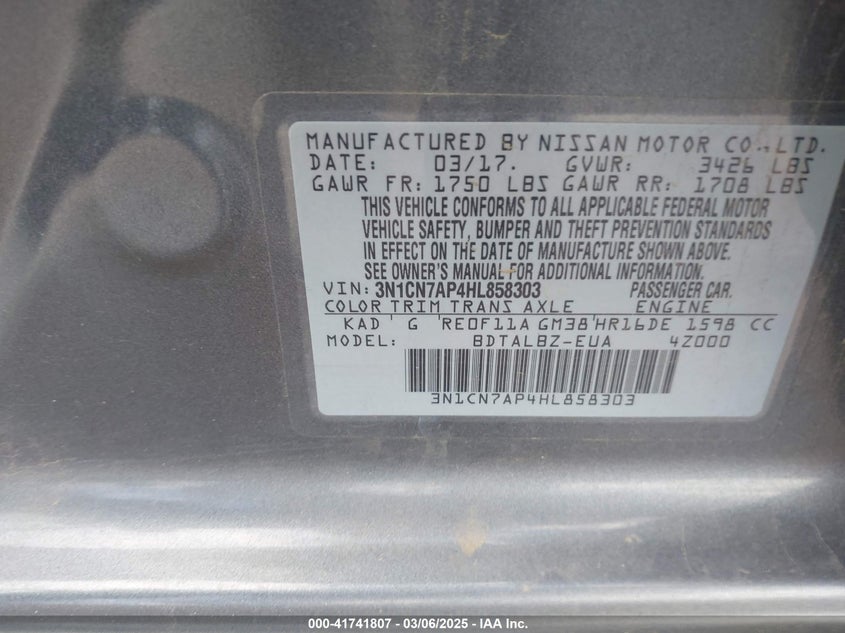 2017 NISSAN VERSA 1.6 SV - 3N1CN7AP4HL858303