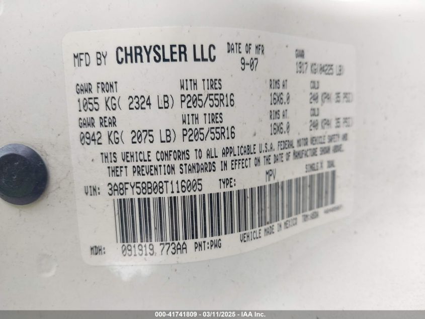 2008 Chrysler Pt Cruiser Touring VIN: 3A8FY58B08T116005 Lot: 41741809