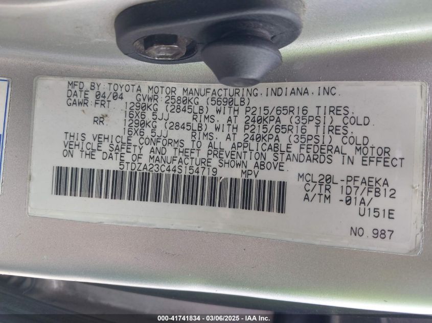 2004 Toyota Sienna Le VIN: 5TDZA23C44S154719 Lot: 41741834