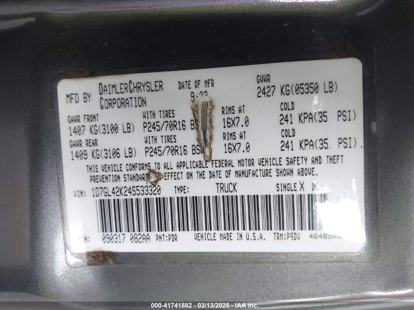 2004 Dodge Dakota Slt VIN: 1D7GL42K24S533320 Lot: 41741882