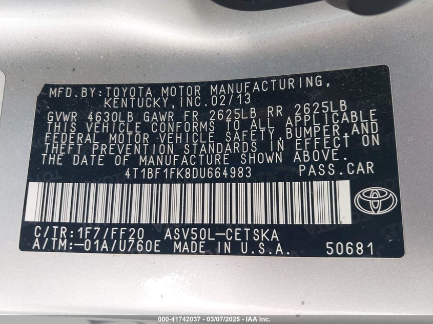 2013 TOYOTA CAMRY VIN: 4T1BF1FK8DU664983