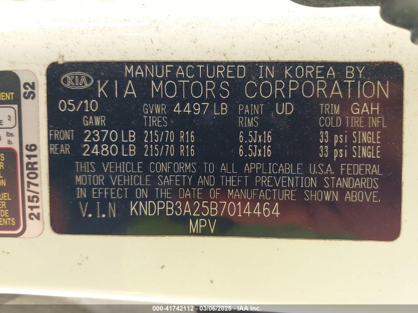 2011 Kia Sportage Lx VIN: KNDPB3A25B7014464 Lot: 41742112
