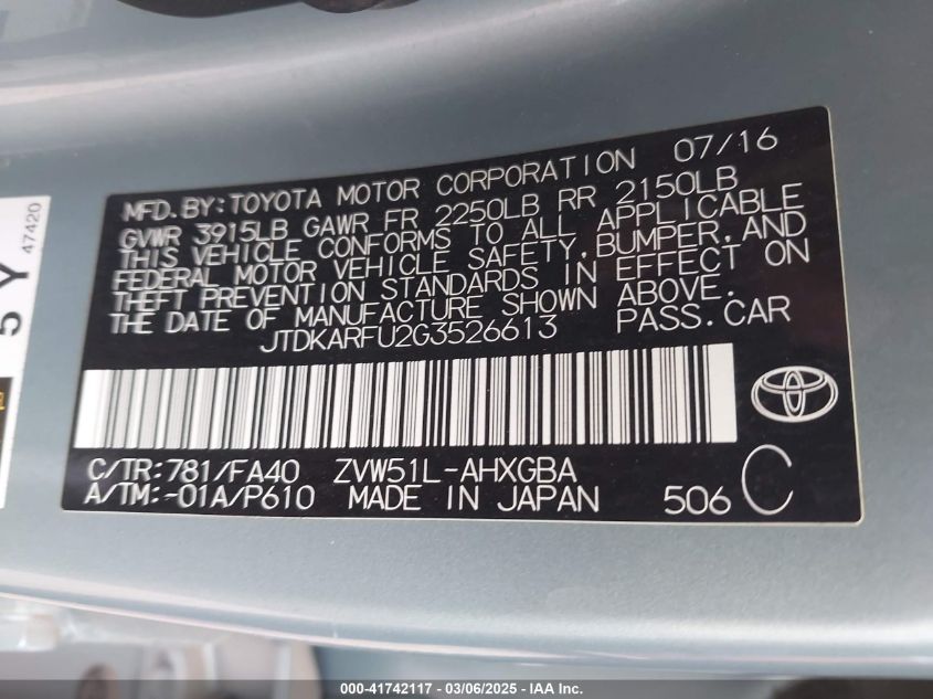 2016 Toyota Prius Three VIN: JTDKARFU2G3526613 Lot: 41742117