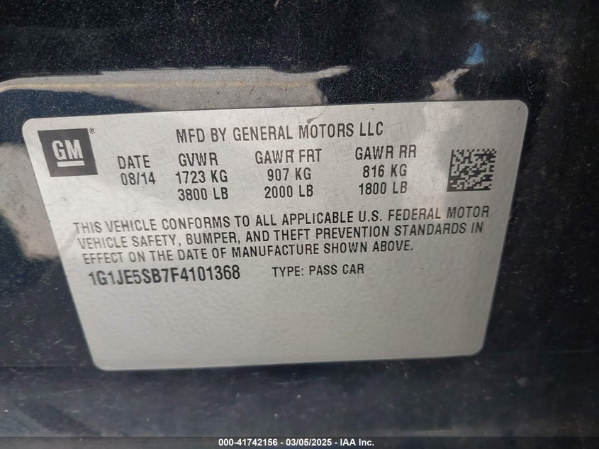 2015 CHEVROLET SONIC VIN: 1G1JE5SB7F4101368