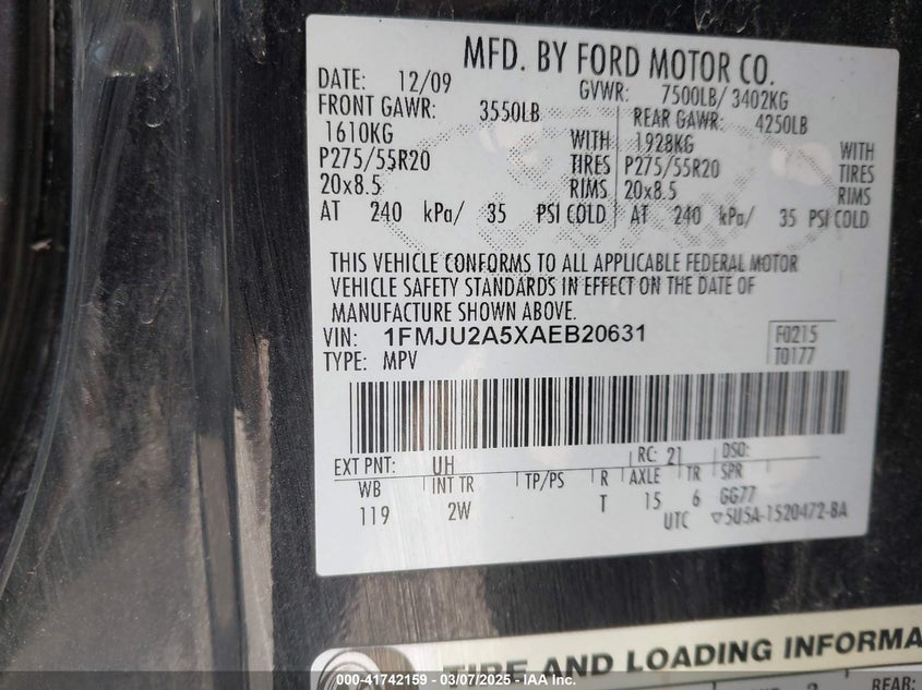 2010 FORD EXPEDITION VIN: 1FMJU2A5XAEB20631