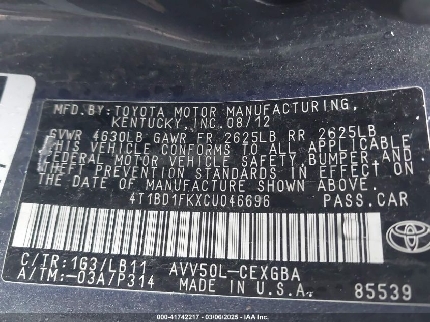 2012 Toyota Camry Hybrid Xle VIN: 4T1BD1FKXCU046696 Lot: 41742217