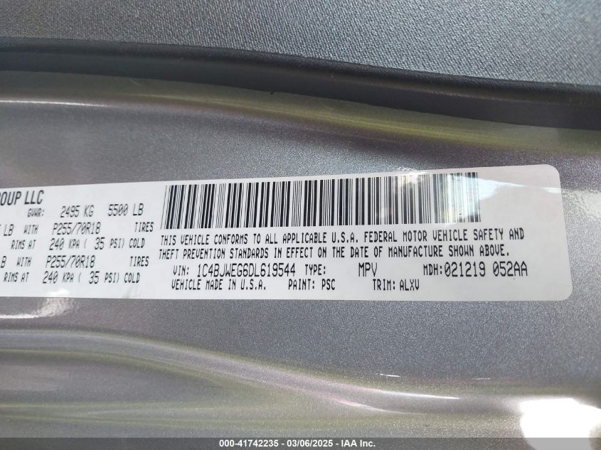 2013 Jeep Wrangler Unlimited Sahara VIN: 1C4BJWEG6DL619544 Lot: 41742235