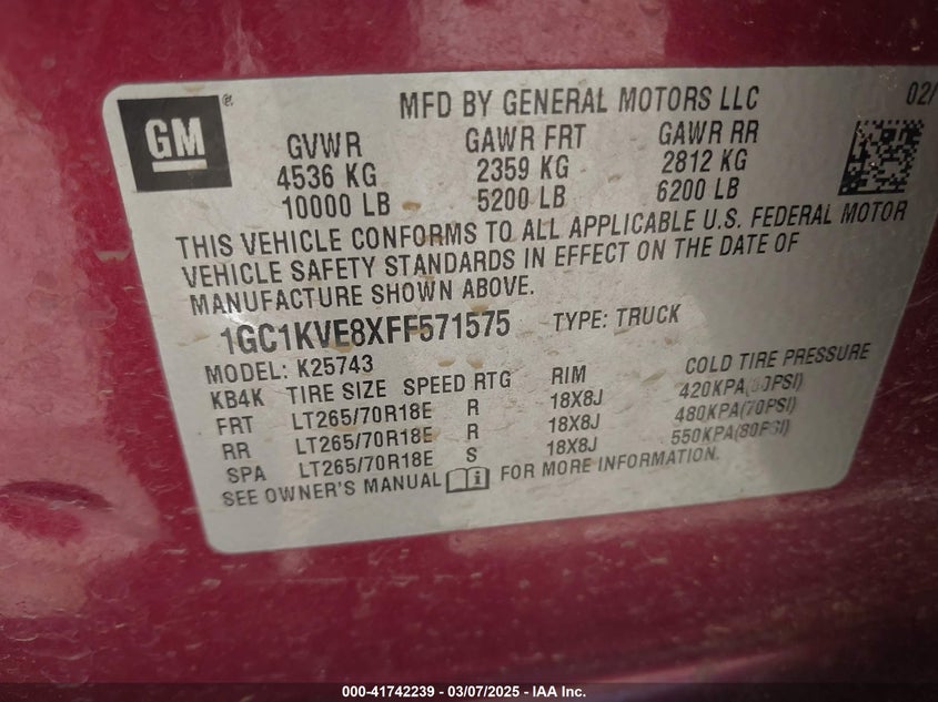 2015 Chevrolet Silverado 2500Hd Lt VIN: 1GC1KVE8XFF571575 Lot: 41742239