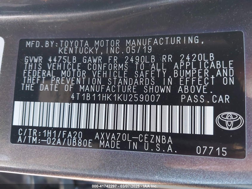 2019 Toyota Camry Le VIN: 4T1B11HK1KU259007 Lot: 41742297
