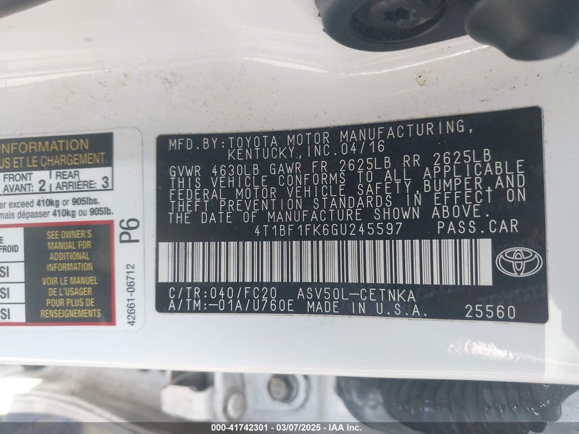 2016 TOYOTA CAMRY VIN: 4T1BF1FK6GU245597