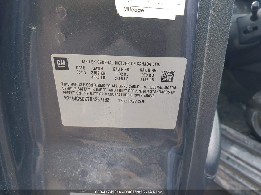 2011 CHEVROLET IMPALA VIN: 2G1WG5EK7B1257783