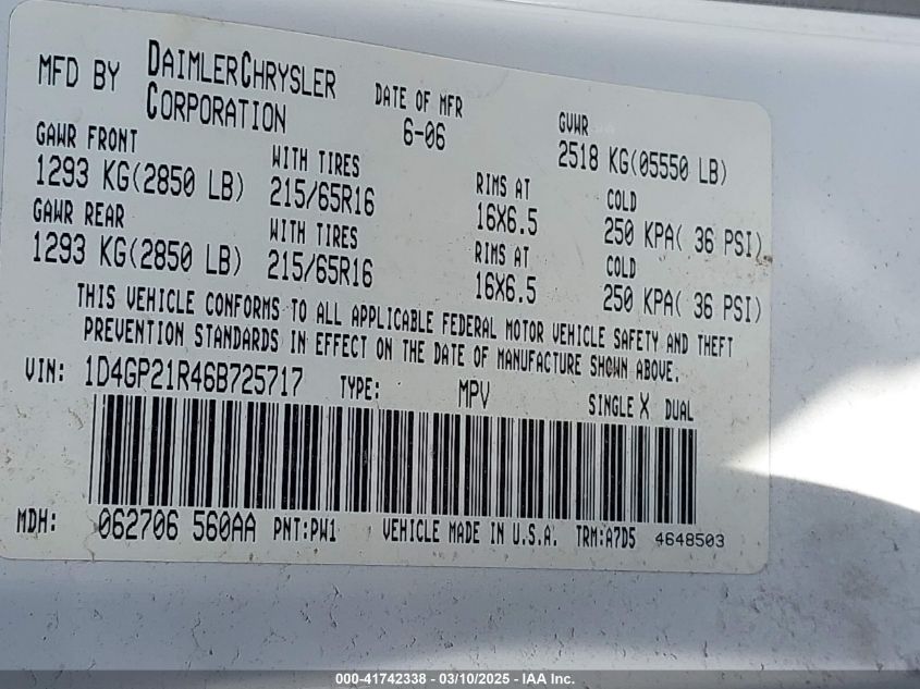 2006 Dodge Caravan Cv VIN: 1D4GP21R46B725717 Lot: 41742338