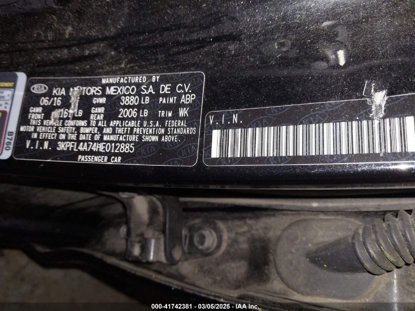 2017 Kia Forte Lx VIN: 3KPFL4A74HE012885 Lot: 41742381