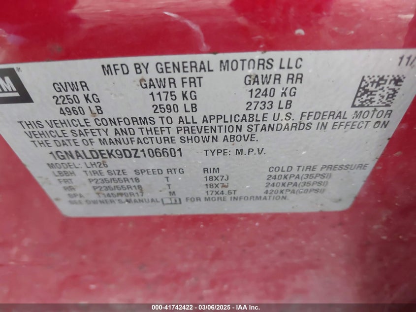 2013 CHEVROLET EQUINOX VIN: 1GNALDEK9DZ106601