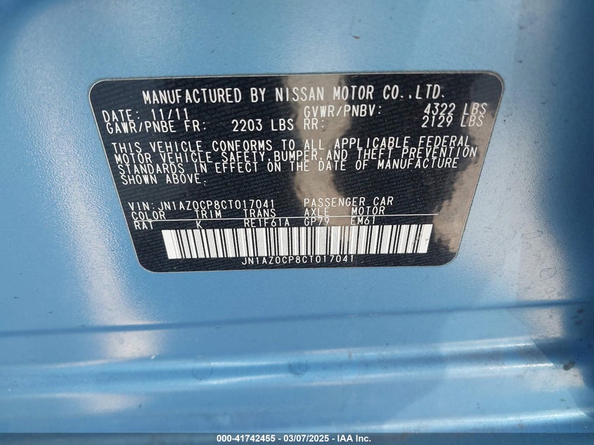 2012 NISSAN LEAF VIN: JN1AZ0CP8CT017041