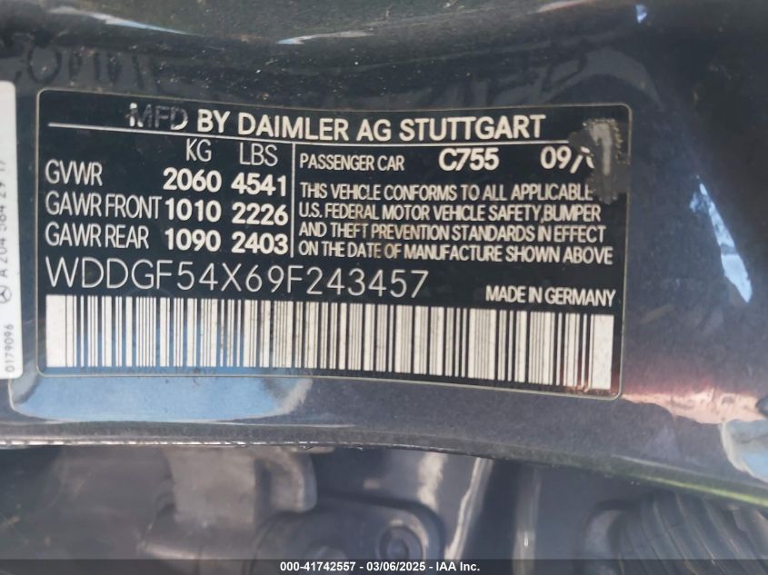 2009 Mercedes-Benz C 300 Luxury/Sport VIN: WDDGF54X69F243457 Lot: 41742557
