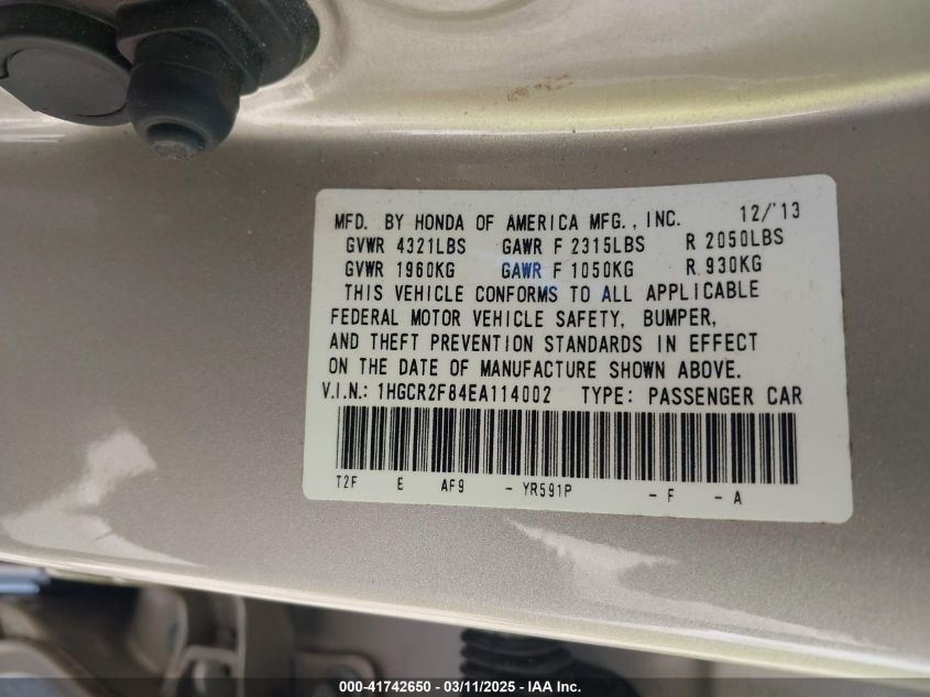 2014 Honda Accord Exl VIN: 1HGCR2F84EA114002 Lot: 41742650