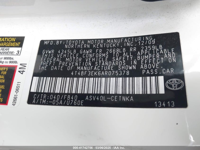 2010 TOYOTA CAMRY VIN: 4T4BF3EK6AR075378
