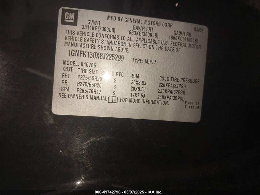 2008 CHEVROLET TAHOE VIN: 1GNFK130X8J225299