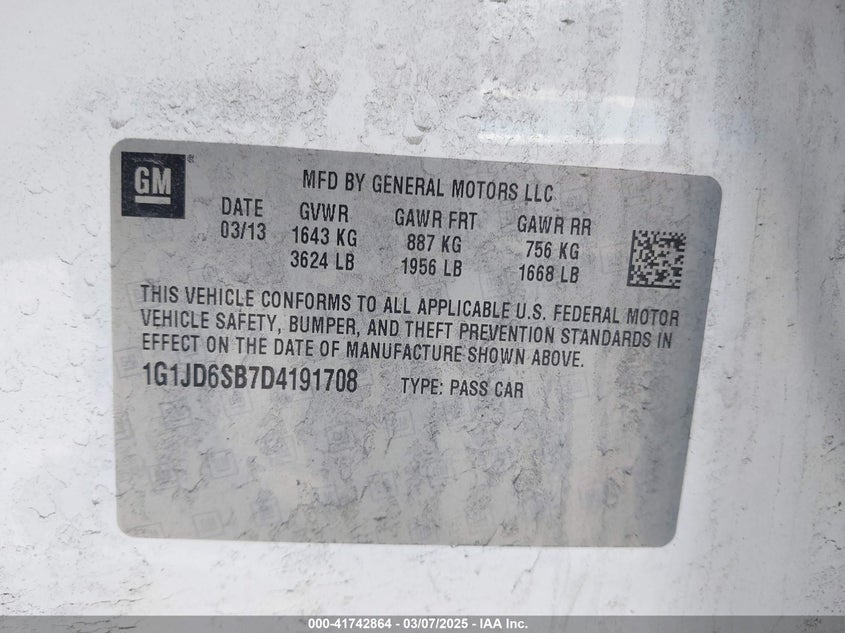 2013 CHEVROLET SONIC LT MANUAL - 1G1JD6SB7D4191708