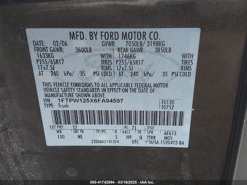 2006 Ford F-150 Lariat/Xlt VIN: 1FTPW125X6FA94597 Lot: 41742894