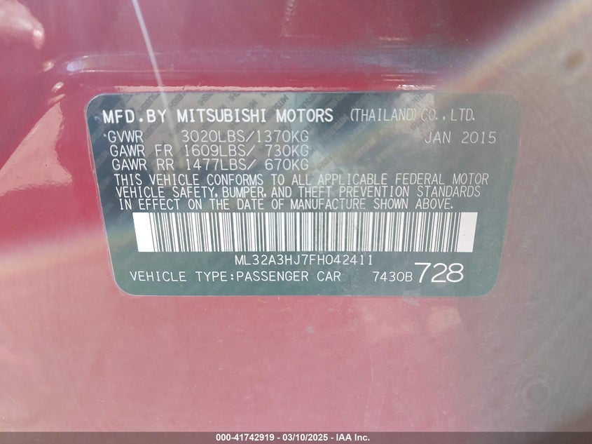 2015 MITSUBISHI MIRAGE VIN: ML32A3HJ7FH042411