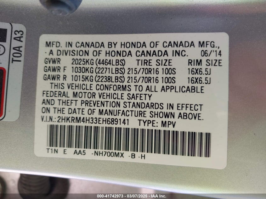 2014 HONDA CR-V VIN: 2HKRM4H33EH689141