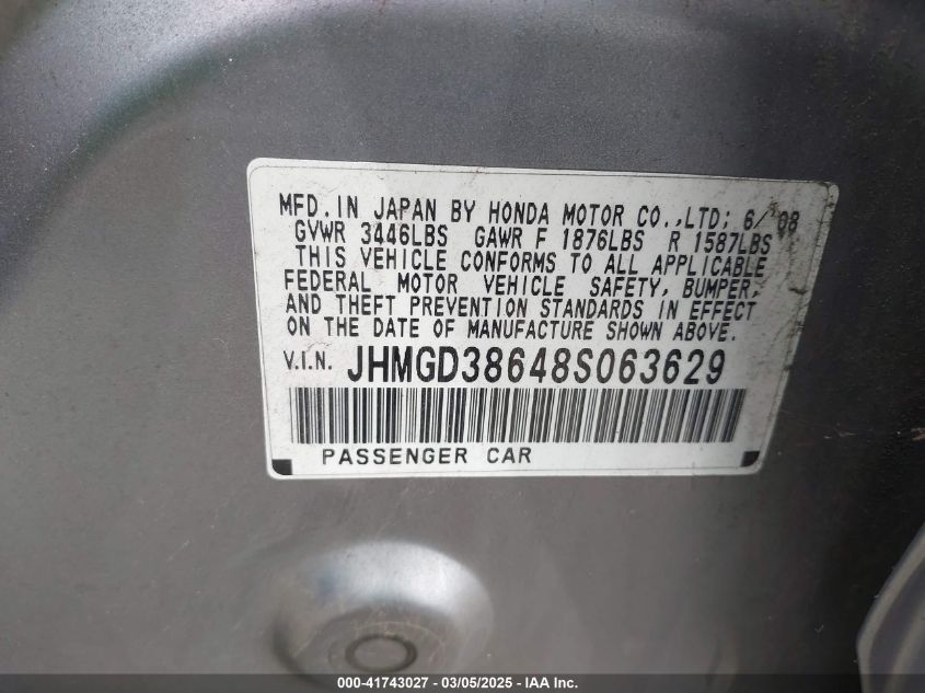 2008 Honda Fit Sport VIN: JHMGD38648S063629 Lot: 41743027