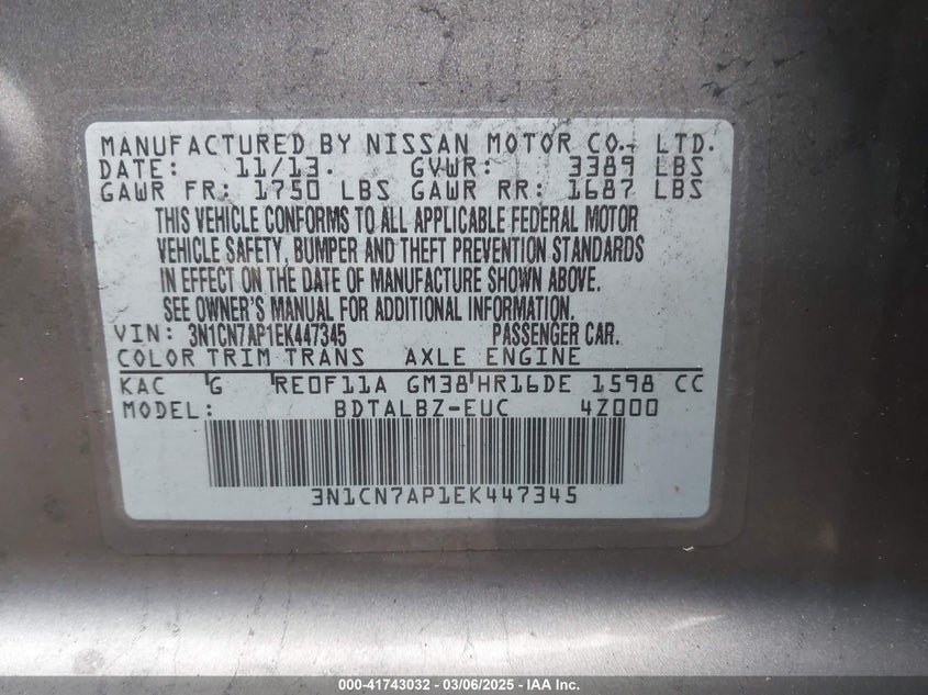 2014 Nissan Versa 1.6 Sv VIN: 3N1CN7AP1EK447345 Lot: 41743032