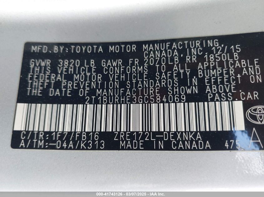 2016 Toyota Corolla Le VIN: 2T1BURHE3GC584069 Lot: 41743126