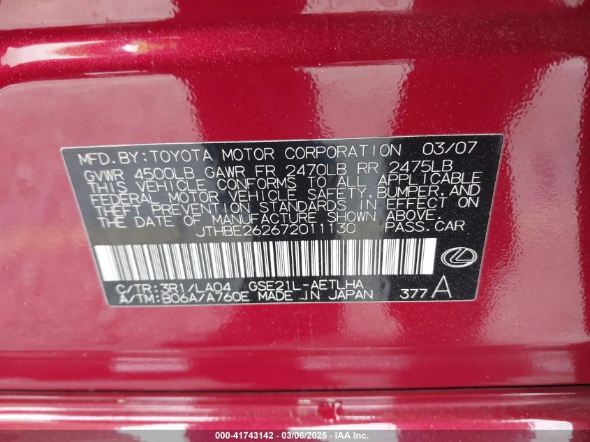 2007 Lexus Is 350 VIN: JTHBE262672011130 Lot: 41743142