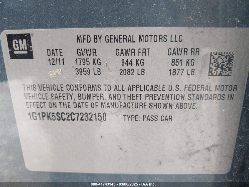 2012 CHEVROLET CRUZE VIN: 1G1PK5SC2C7232150