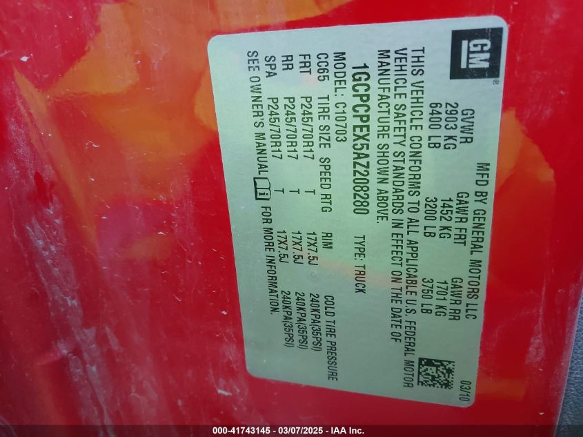 2010 Chevrolet Silverado 1500 Work Truck VIN: 1GCPCPEX5AZ208280 Lot: 41743145