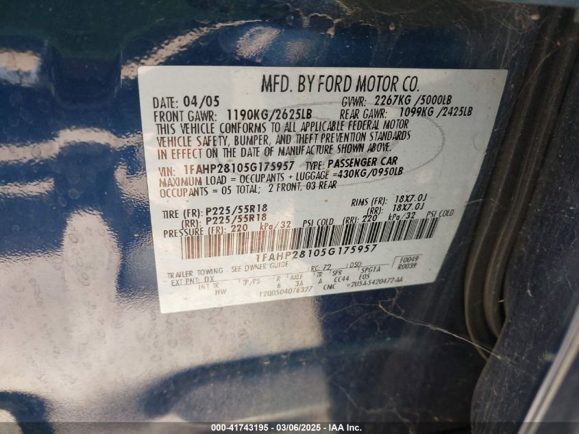 2005 Ford Five Hundred Limited VIN: 1FAHP28105G175957 Lot: 41743195