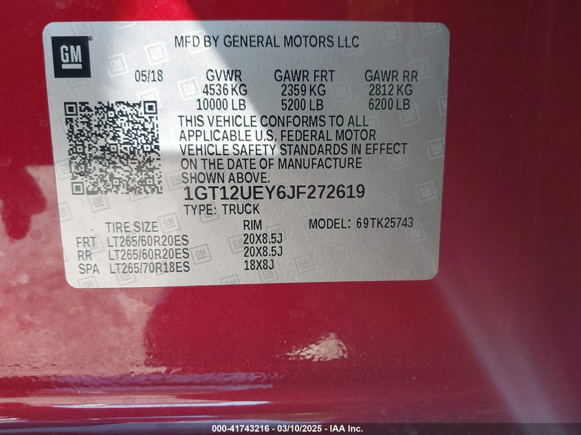 2018 GMC SIERRA 2500HD VIN: 1GT12UEY6JF272619