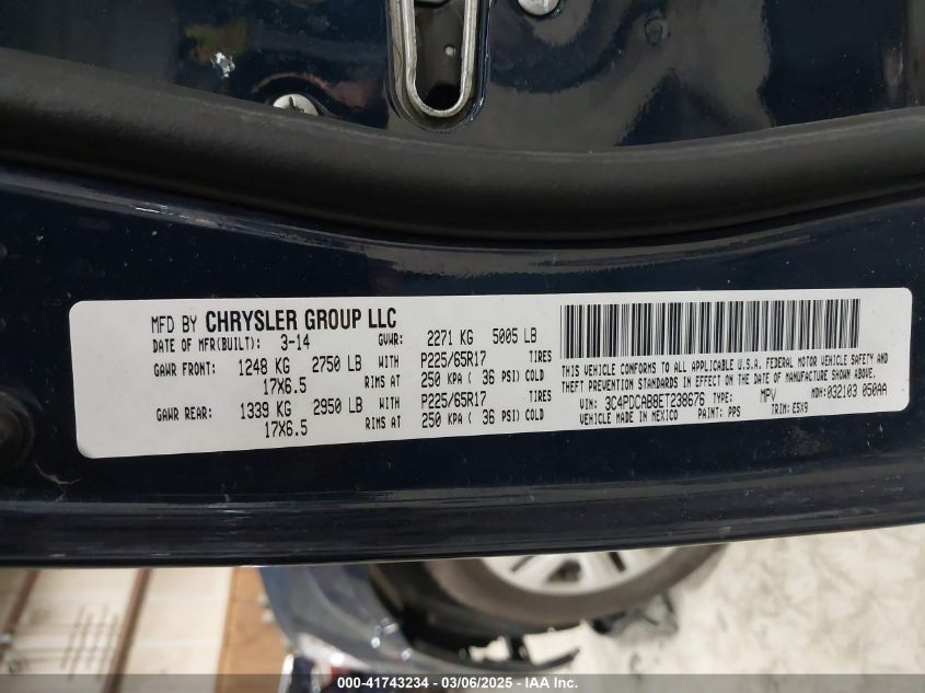 2014 Dodge Journey American Value Pkg VIN: 3C4PDCAB8ET238676 Lot: 41743234