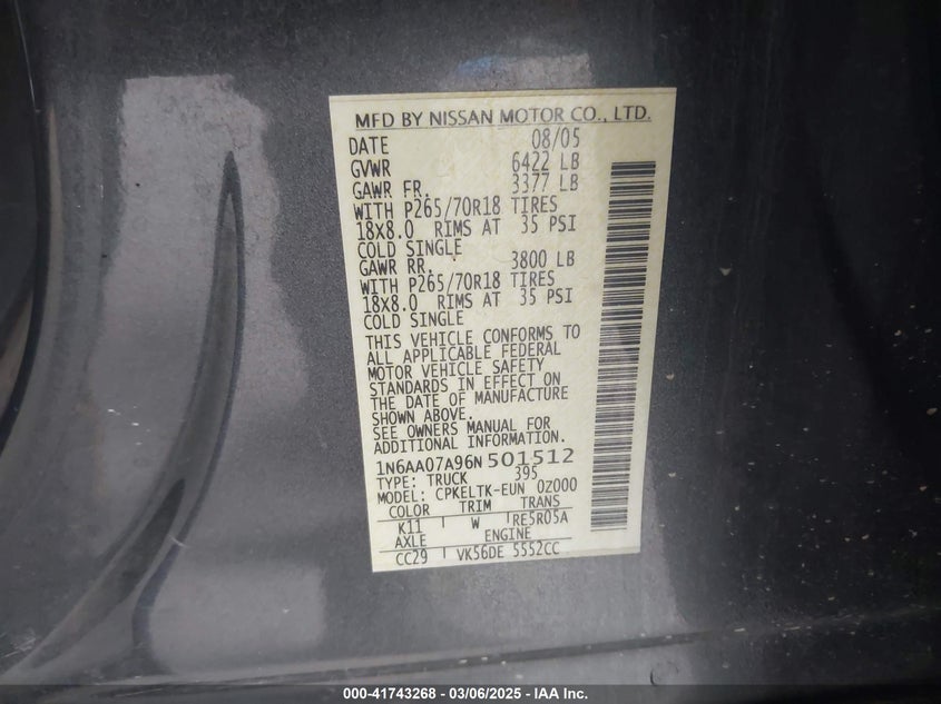 2006 NISSAN TITAN VIN: 1N6AA07A96N501512