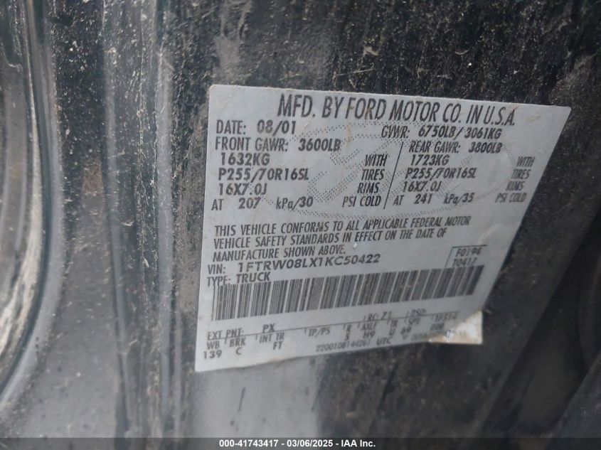 2001 Ford F-150 King Ranch Edition/Lariat/Xlt VIN: 1FTRW08LX1KC50422 Lot: 41743417