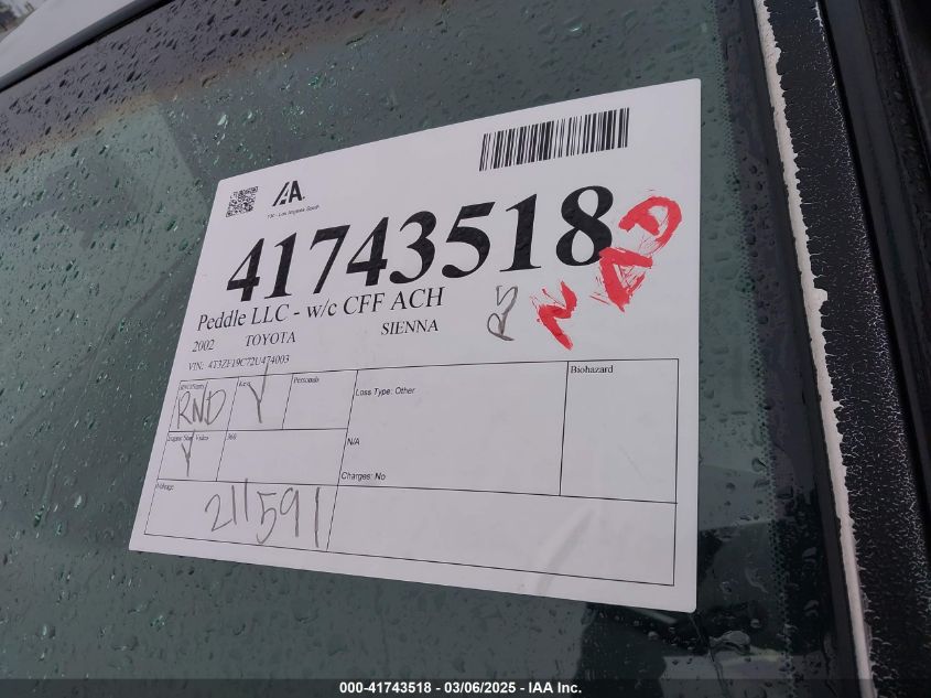 2002 Toyota Sienna Ce VIN: 4T3ZF19C72U474003 Lot: 41743518