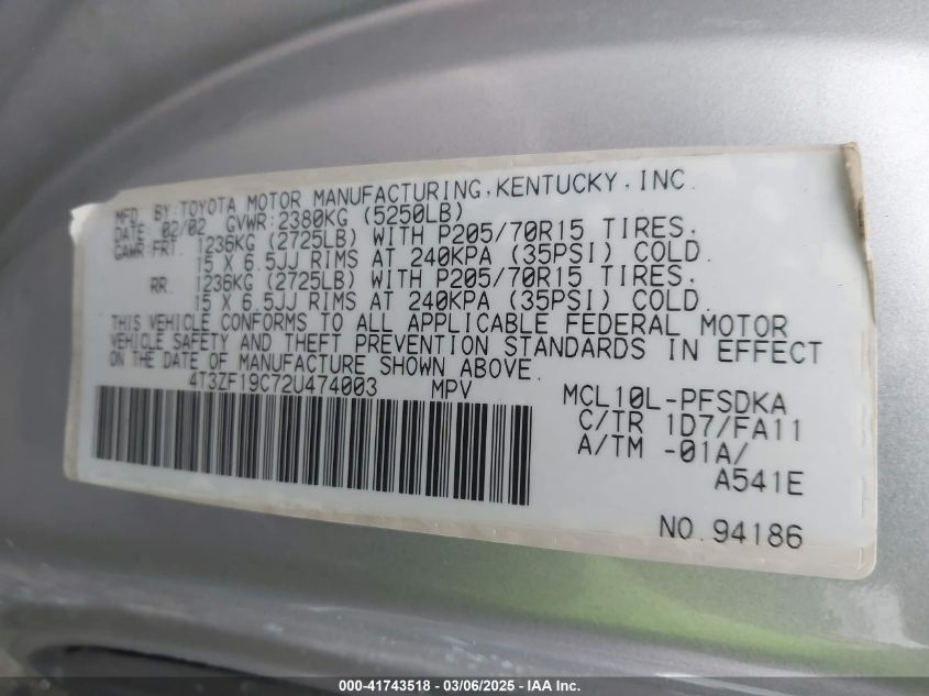 2002 Toyota Sienna Ce VIN: 4T3ZF19C72U474003 Lot: 41743518