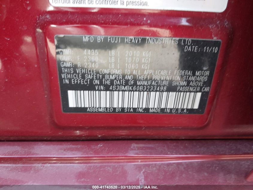 2011 Subaru Legacy 2.5I Limited VIN: 4S3BMBK60B3233498 Lot: 41743520