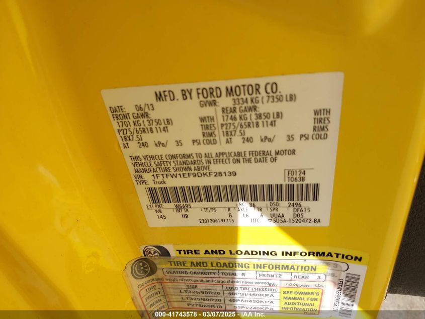 2013 Ford F-150 Lariat VIN: 1FTFW1EF9DKF28139 Lot: 41743578