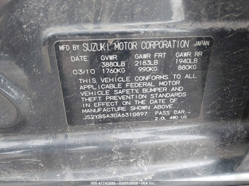 2010 Suzuki Sx4 Technology VIN: JS2YB5A30A6310897 Lot: 41743580